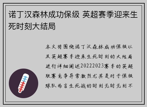 诺丁汉森林成功保级 英超赛季迎来生死时刻大结局