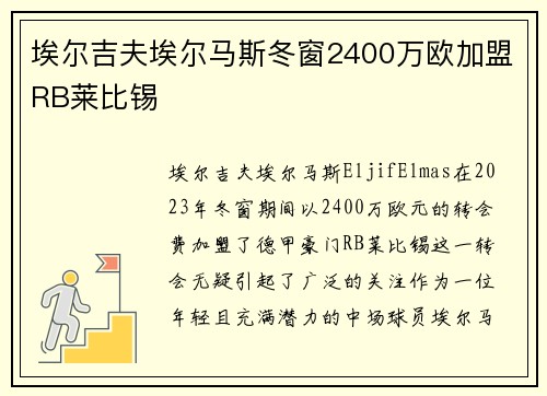 埃尔吉夫埃尔马斯冬窗2400万欧加盟RB莱比锡